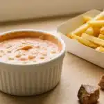 Ramequin de sauce algérienne froide, orangée et crémeuse, servie avec des frites et de la viande grillée