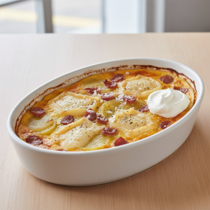 Clafoutis salé façon Lyonnaise aux oignons et Reblochon - Recette restauration collective