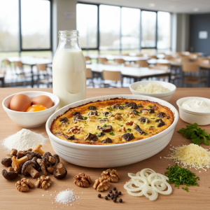 Clafoutis salé forestier aux champignons, noix et Comté - Recette restauration collective