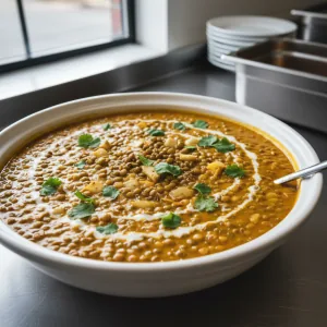 Dahl de lentilles vertes aux épices et lait de coco - Recette restauration collective