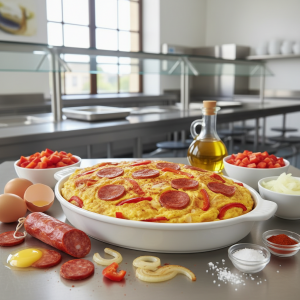 Omelette au chorizo doux et poivrons rouges - Recette restauration collective