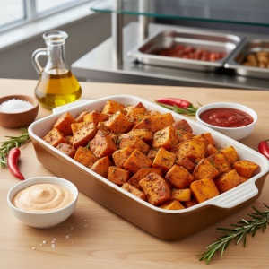 Patates douces rôties façon patatas bravas - Recette restauration collective