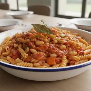 Pâtes à la sauce tomate et aux haricots blancs - Recette restauration collective