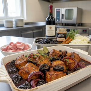 Porc aux pruneaux et vin rouge - Recette restauration collective