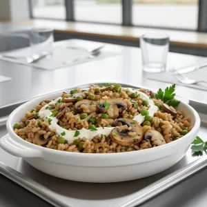 Riz complet aux champignons et petits pois - Recette restauration collective