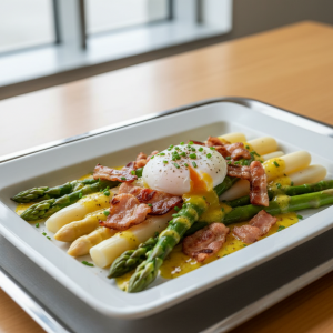 Salade d'asperges, bacon et œuf poché - Recette restauration collective