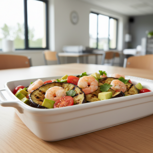 Salade d'aubergines, crevettes et avocat - Recette restauration collective