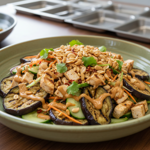 Salade d'aubergines, poulet et sauce cacahuète - Recette restauration collective