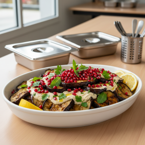 Salade d'aubergines rôties au tahini et grenade - Recette restauration collective