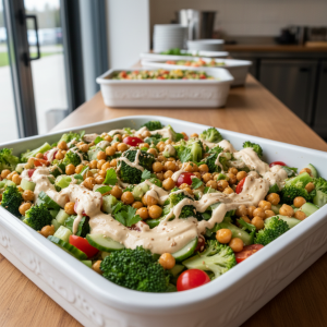 Salade de brocolis, pois chiches et tahini - Recette restauration collective