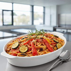 Spaghetti à la sauce tomate et légumes rôtis - Recette restauration collective