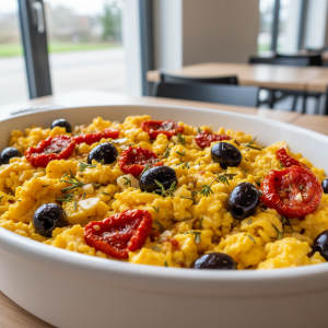 Œufs brouillés à la provençale, tomates confites et olives noires - Recette restauration collective