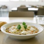 Cérésoto végétarien crémeux dressé au cercle, mozzarella et parmesan, servi en assiette sur un plateau de self de restauration collective.