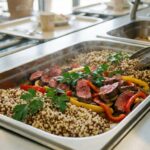 Sauté de bœuf au quinoa tricolore et poivrons dans un bac gastronorme, sur le passe d'un self de restauration collective.