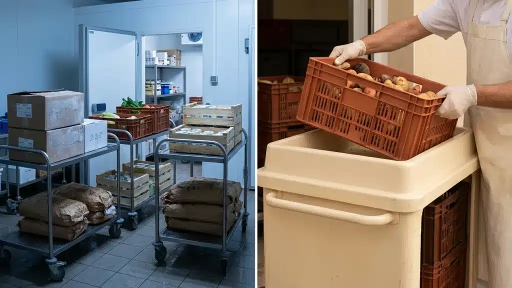 Livraisons de plusieurs fournisseurs posées côte à côte sur le quai de réception d'une cuisine collective