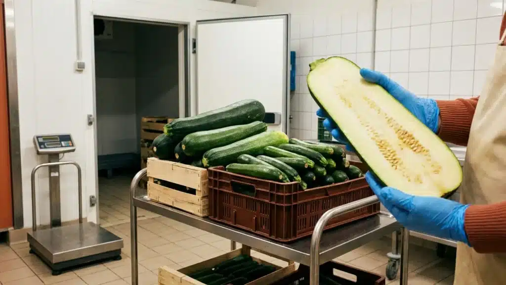 Cagettes de courgettes de tailles très inégales sur un quai de réception de cuisine collective, une courgette coupée montre un cœur plein de graines
