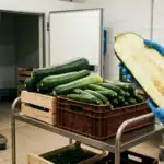 Cagettes de courgettes de tailles très inégales sur un quai de réception de cuisine collective, une courgette coupée montre un cœur plein de graines