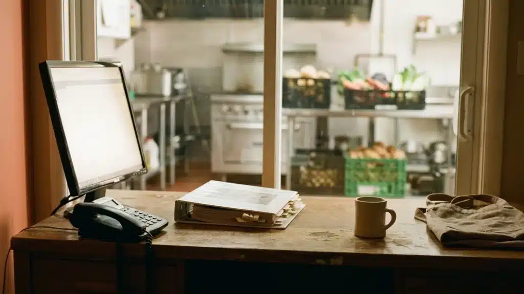 Bureau de chef de cuisine collective avec un écran, un classeur de catalogues fermé et un téléphone, la cuisine en arrière-plan