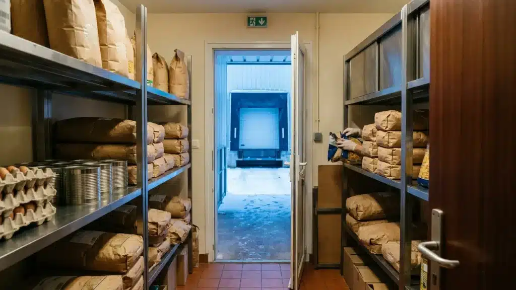 Réserve sèche d'une cuisine collective avec pâtes, riz, conserves et œufs, quai de livraison enneigé en arrière-plan