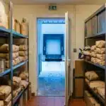 Réserve sèche d'une cuisine collective avec pâtes, riz, conserves et œufs, quai de livraison enneigé en arrière-plan