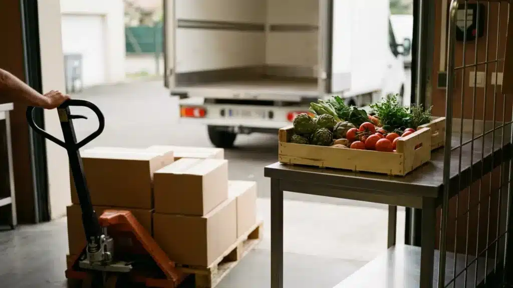 Quai de réception d'une cuisine collective avec quelques cartons, une cagette de légumes et un camion de livraison en arrière-plan