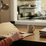 Chemise cartonnée ouverte et vide sur un bureau de gestionnaire, la cuisine de collectivité floue en arrière-plan