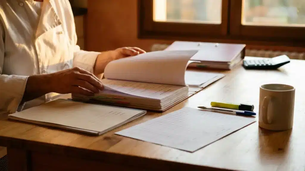 Dossiers de réponse à un marché de denrées posés côte à côte sur un bureau, un cuisinier en veste blanche tourne une page