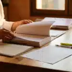 Dossiers de réponse à un marché de denrées posés côte à côte sur un bureau, un cuisinier en veste blanche tourne une page