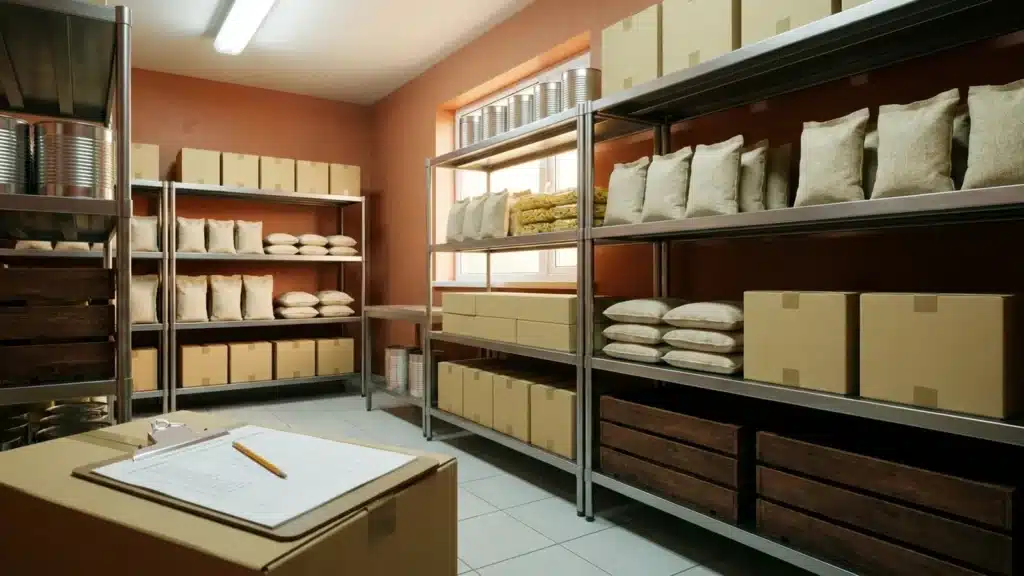 Réserve d'épicerie d'une cuisine de collectivité avec étagères de sacs et de conserves, et une feuille d'inventaire sur une planchette