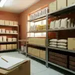 Réserve d'épicerie d'une cuisine de collectivité avec étagères de sacs et de conserves, et une feuille d'inventaire sur une planchette