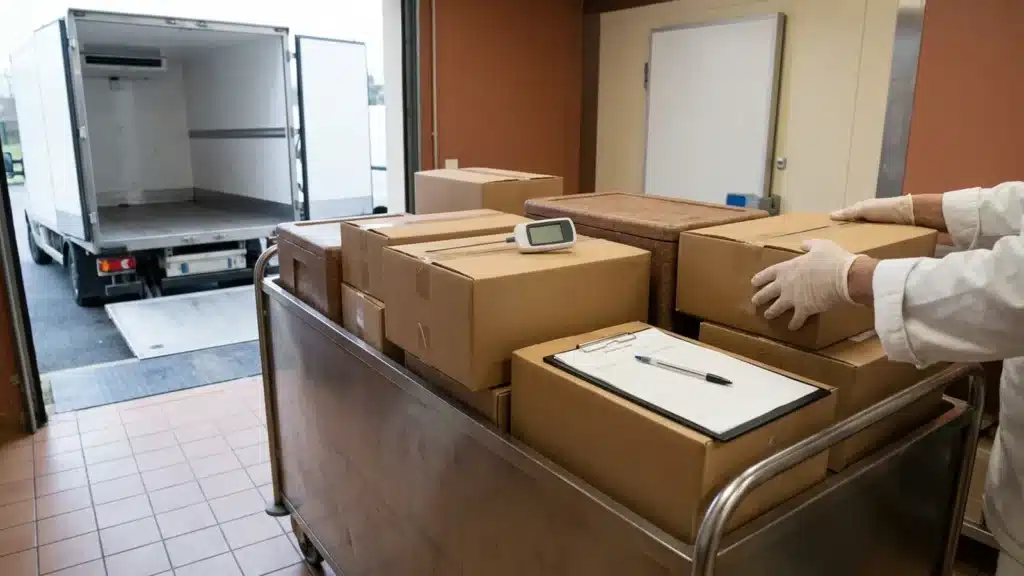 Quai de réception d'une cuisine collective : colis sur un chariot inox, sonde thermométrique piquée dans un carton, fiche de réception, camion frigorifique au fond