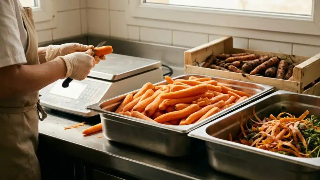 Balance de légumerie entre un bac de carottes épluchées et un bac d'épluchures, une cagette de carottes terreuses au fond