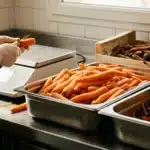 Balance de légumerie entre un bac de carottes épluchées et un bac d'épluchures, une cagette de carottes terreuses au fond