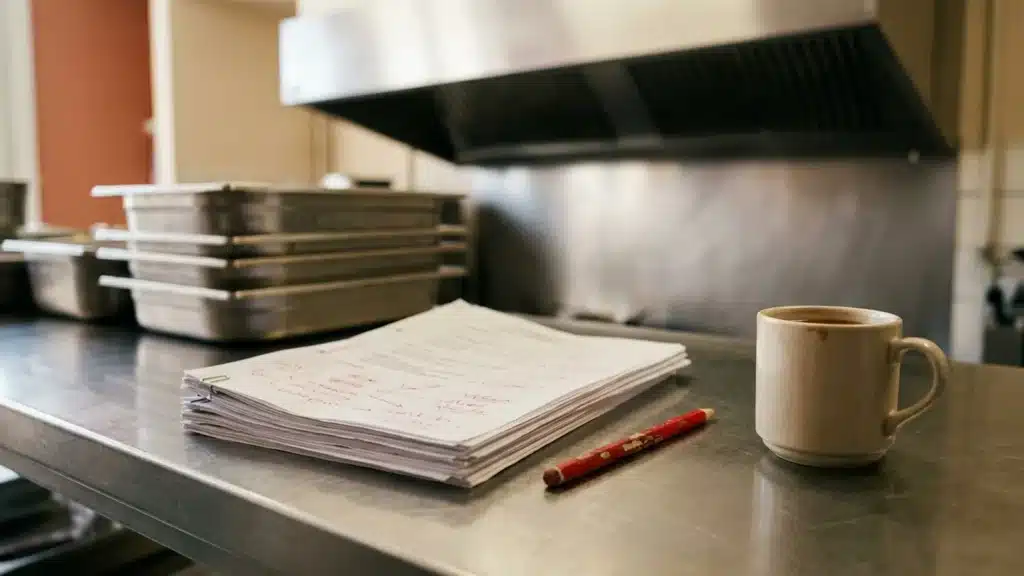 Bordereau de prix annoté au crayon rouge posé sur un plan de travail en inox de cuisine collective