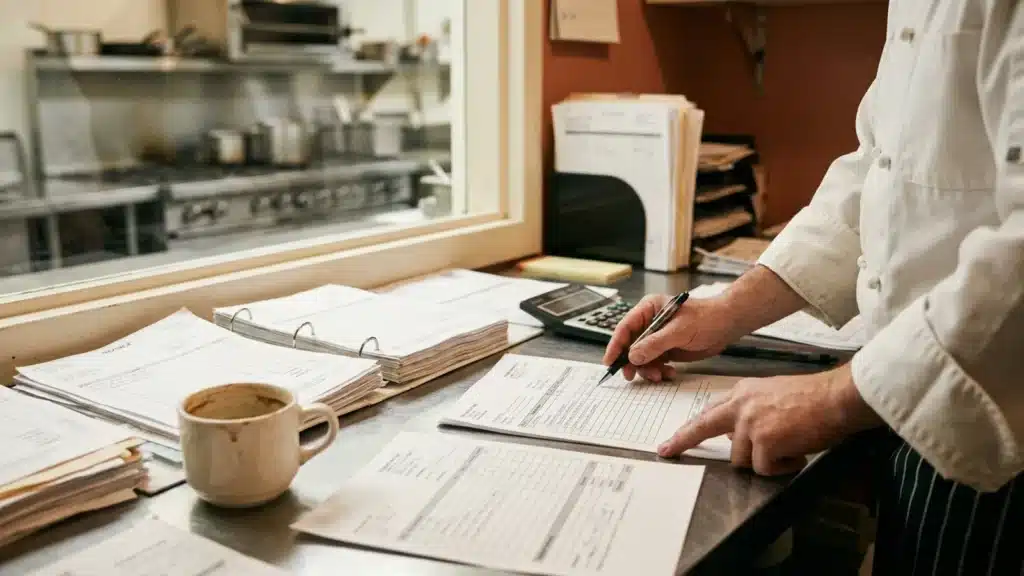 Bureau de chef de cuisine de collectivité avec factures, bons de commande et calculatrice, un cuisinier pointe une ligne