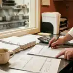Bureau de chef de cuisine de collectivité avec factures, bons de commande et calculatrice, un cuisinier pointe une ligne