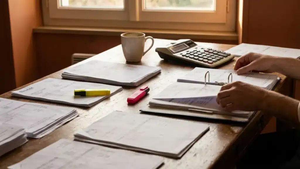 Bureau de chef couvert de piles de factures, de surligneurs et d'une calculatrice, un soir d'hiver
