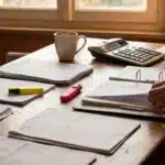 Bureau de chef couvert de piles de factures, de surligneurs et d'une calculatrice, un soir d'hiver