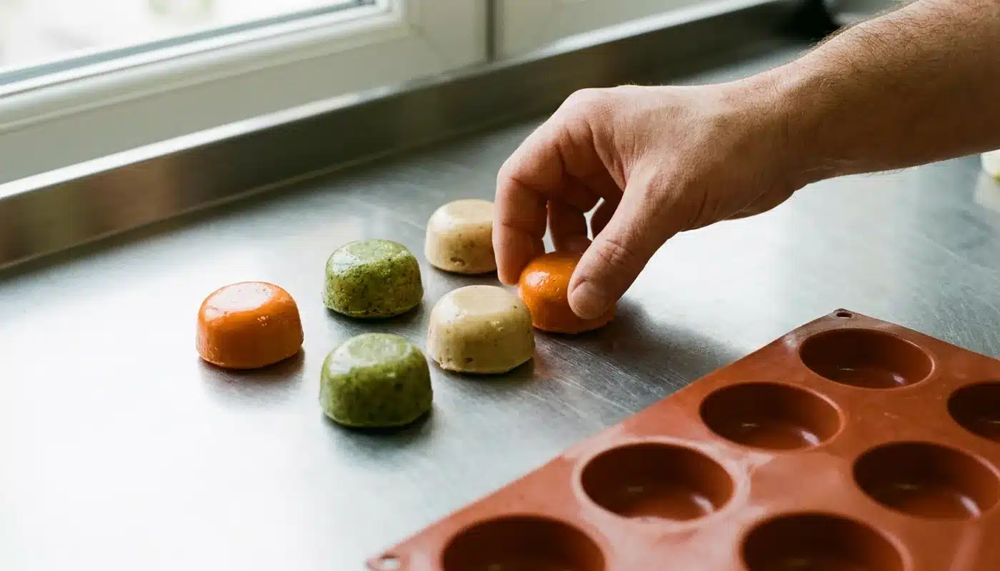 Bouchées démoulées de trois couleurs alignées près d'une plaque de moules en silicone