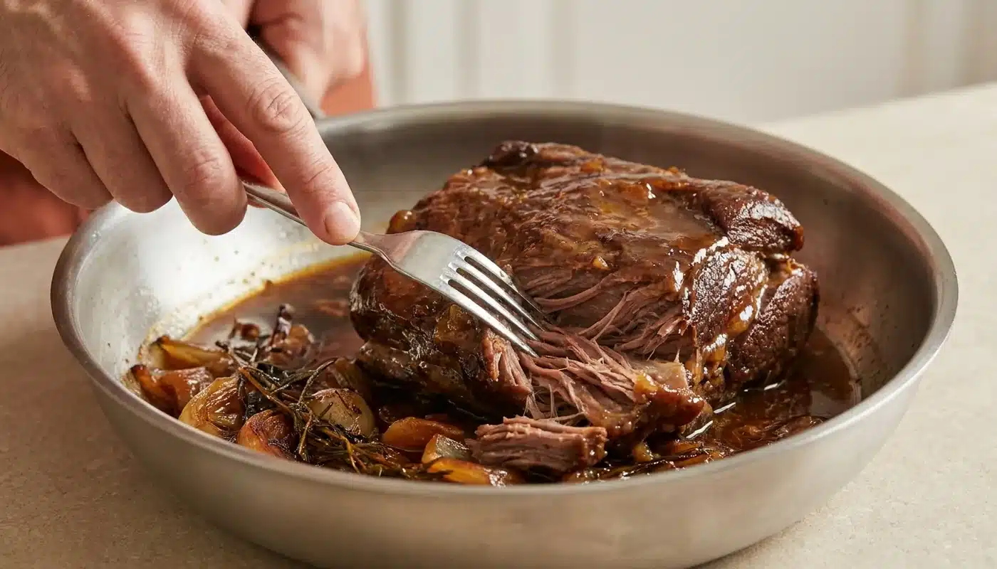 Pièce de viande braisée qui s'effiloche sous la fourchette dans son jus nappant