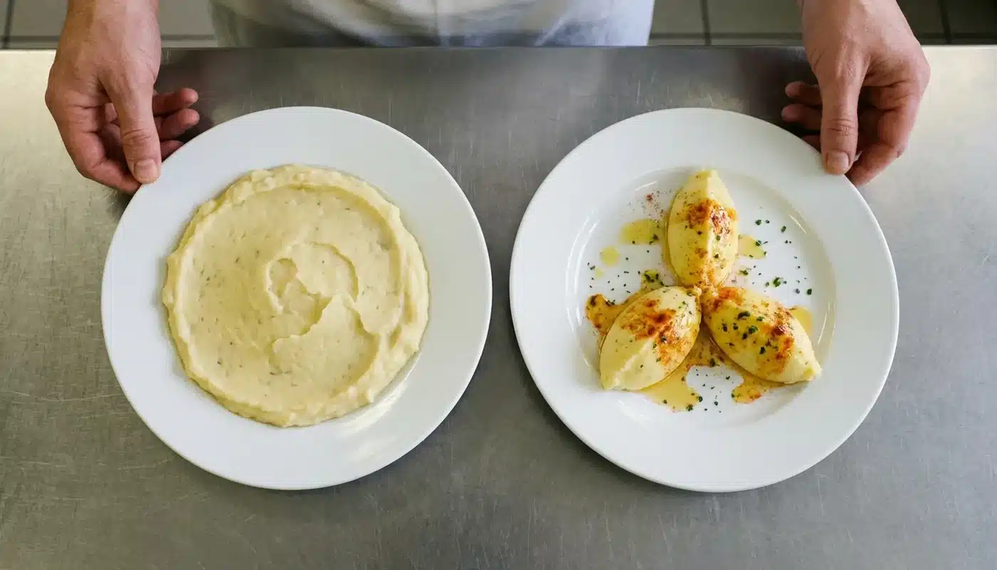 Deux assiettes de purée : servie à la louche à gauche, dressée en quenelles à droite