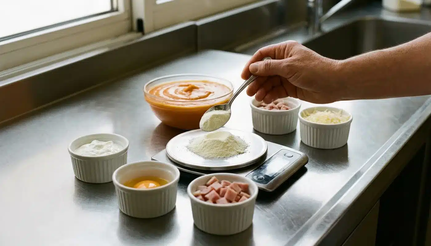 Enrichissants pesés en ramequins devant un bol de purée, une cuillère de poudre de lait sur une balance