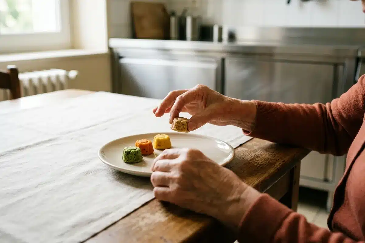 Bouchées de manger-mains saisies à la main par un résident
