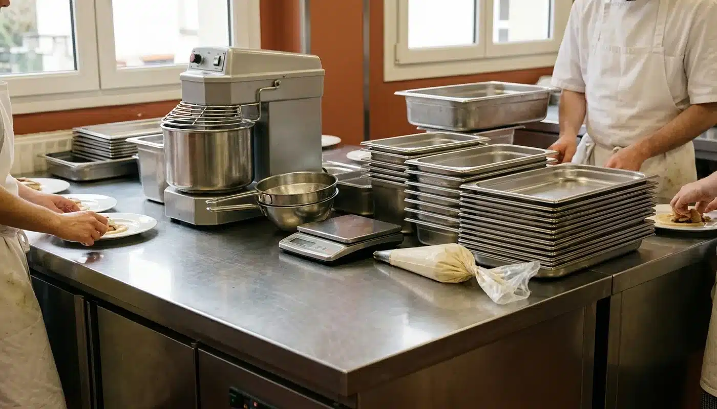 Poste de mixage d'une cuisine de collectivité : cutter, chinois, balance, poche à douille