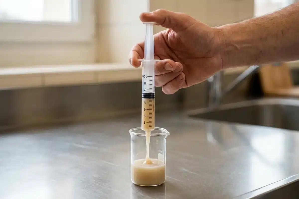 Contrôle d'une boisson épaissie avec une seringue graduée de 10 millilitres