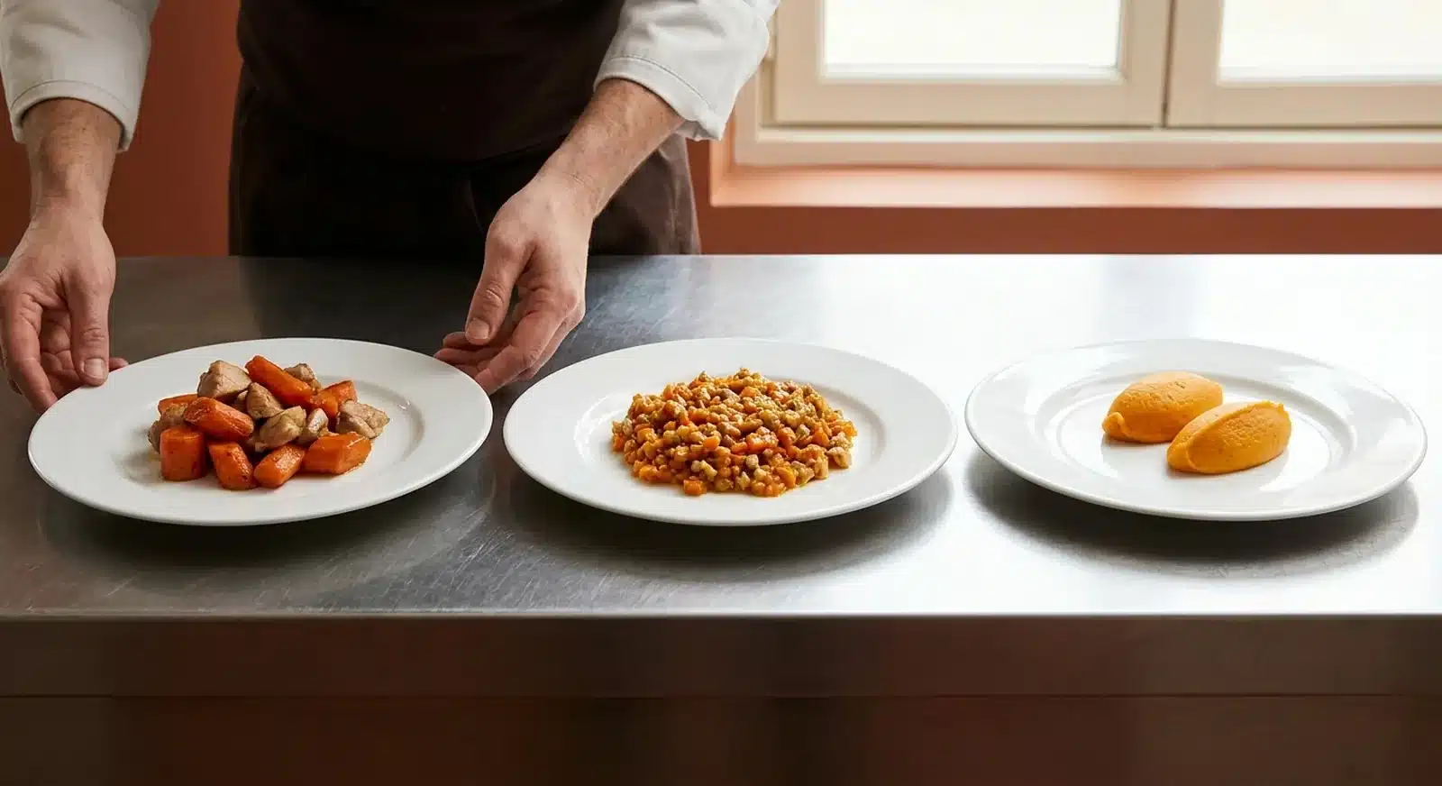 Trois assiettes alignées montrant la même recette en morceaux tendres, en finement haché puis en purée lisse