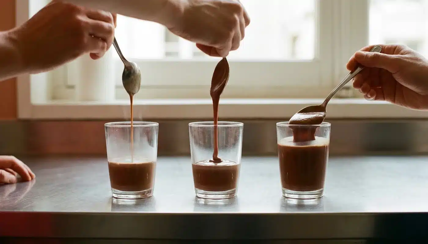 Trois verres de la même boisson à trois consistances, la cuillère laissant couler un filet, un ruban puis rien