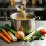 Bouillon de légumes clair versé à la louche, carottes, poireaux, oignon clouté et céleri