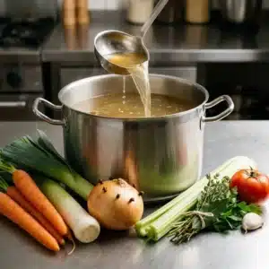 Bouillon de légumes clair versé à la louche, carottes, poireaux, oignon clouté et céleri