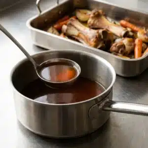 Fond brun de veau limpide couleur acajou, os de veau et légumes rôtis